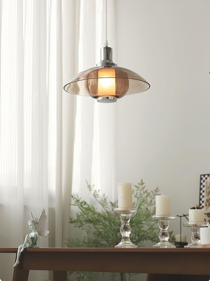 UFO-Inspired Chrome Pendant with Amber Glass Shade