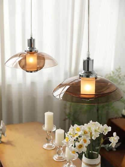 UFO-Inspired Chrome Pendant with Amber Glass Shade