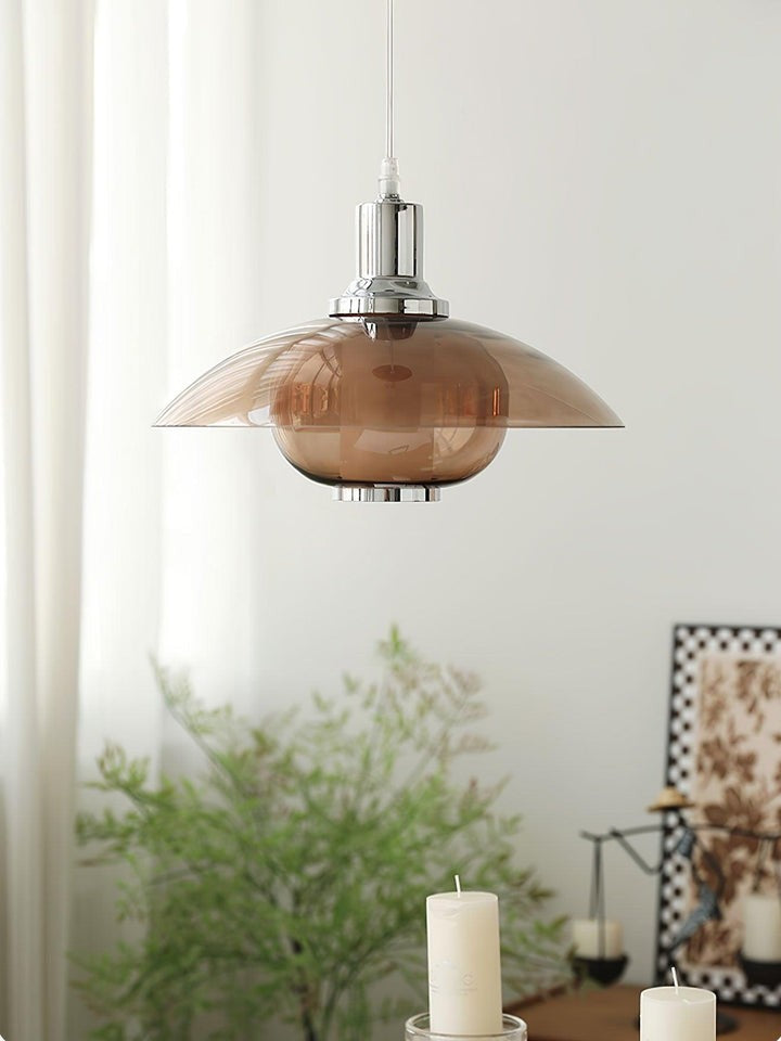 UFO-Inspired Chrome Pendant with Amber Glass Shade