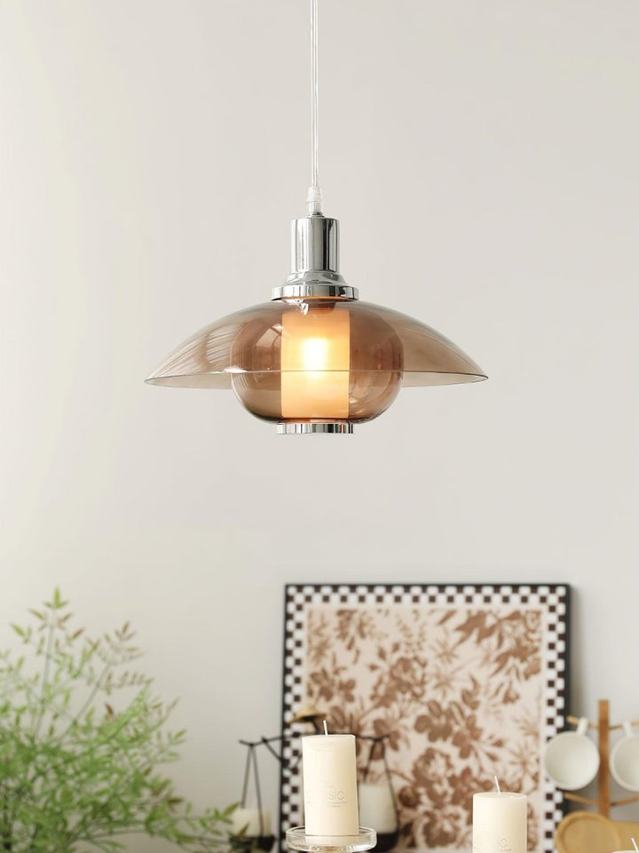 UFO-Inspired Chrome Pendant with Amber Glass Shade