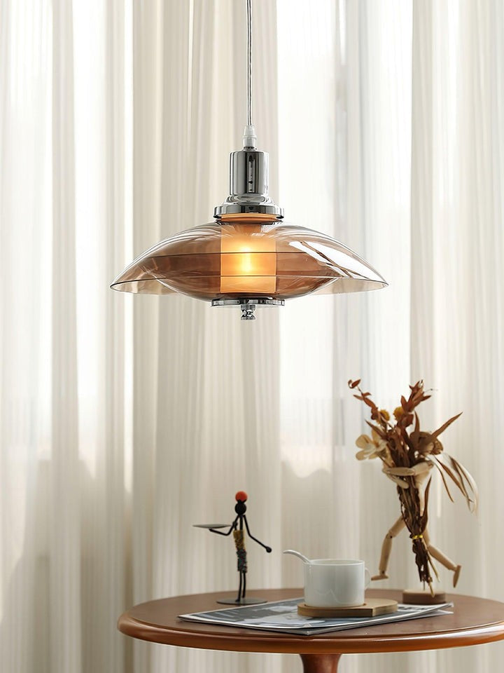 UFO-Inspired Chrome Pendant with Amber Glass Shade