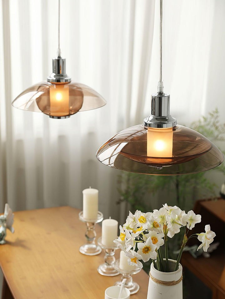 UFO-Inspired Chrome Pendant with Amber Glass Shade