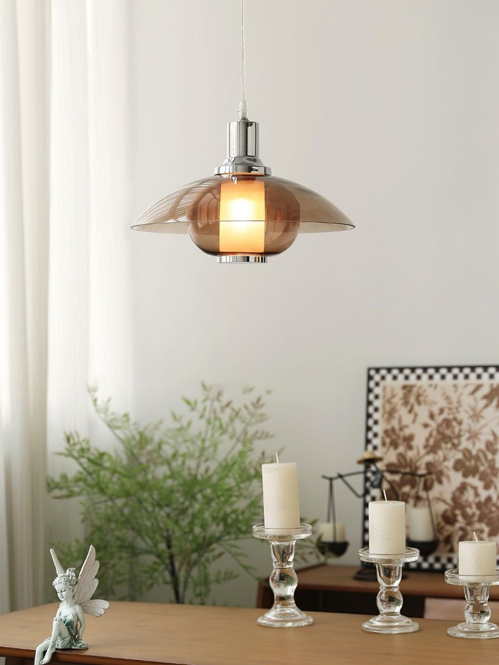UFO-Inspired Chrome Pendant with Amber Glass Shade