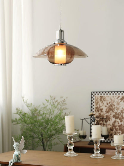 UFO-Inspired Chrome Pendant with Amber Glass Shade