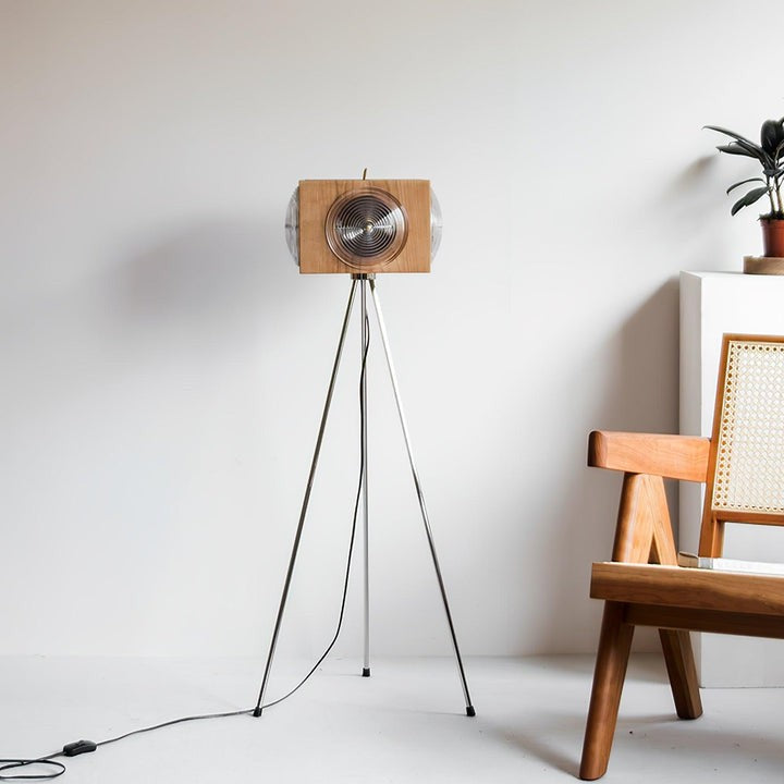 Vintage Camera Tripod Floor Lamp with Glass Shade
