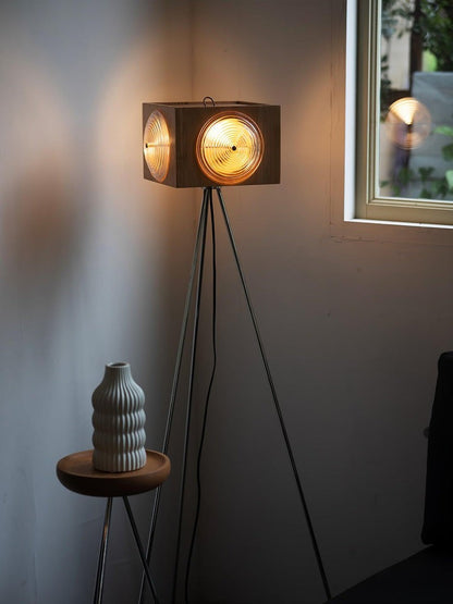 Vintage Camera Tripod Floor Lamp with Glass Shade