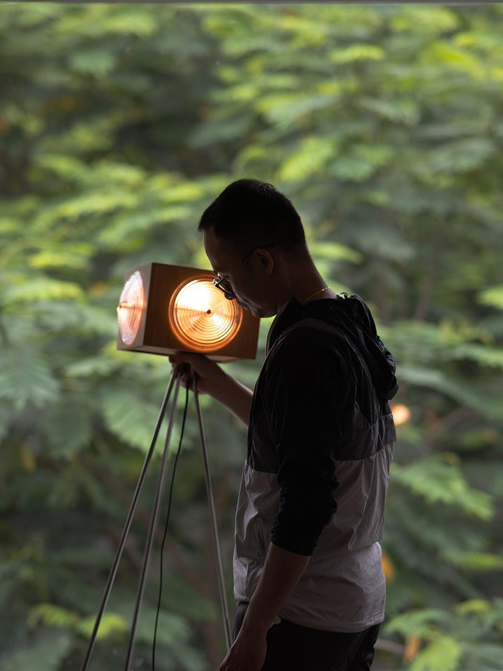 Vintage Camera Tripod Floor Lamp with Glass Shade