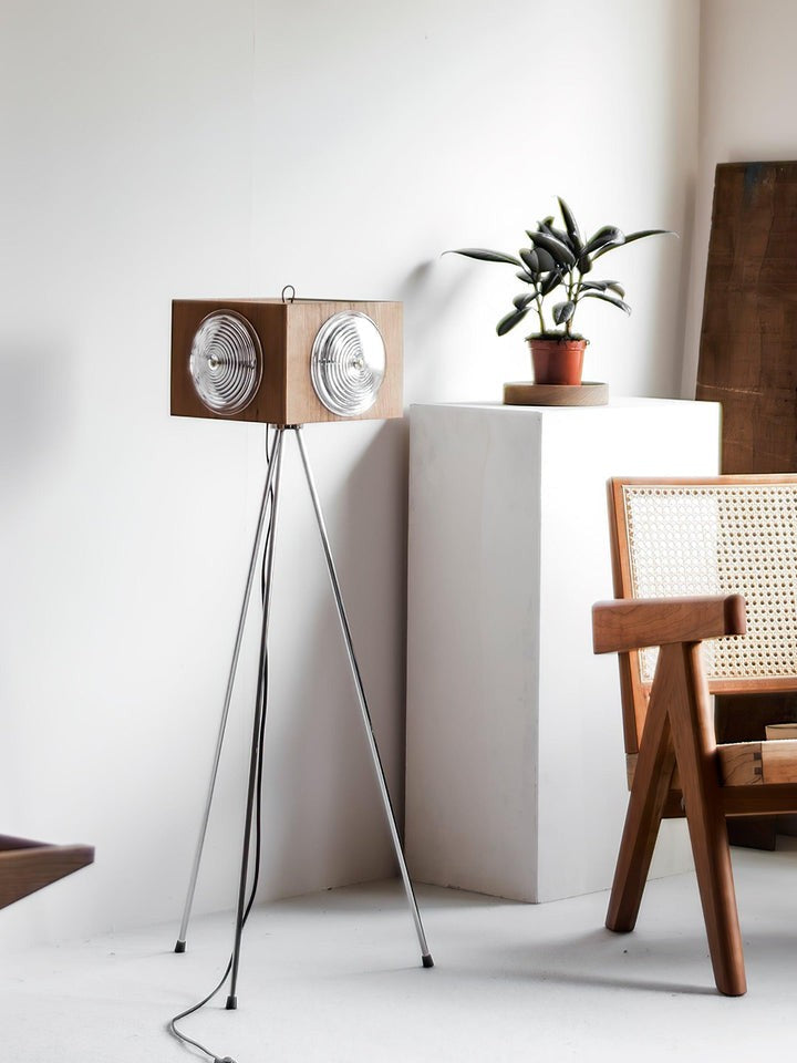 Vintage Camera Tripod Floor Lamp with Glass Shade
