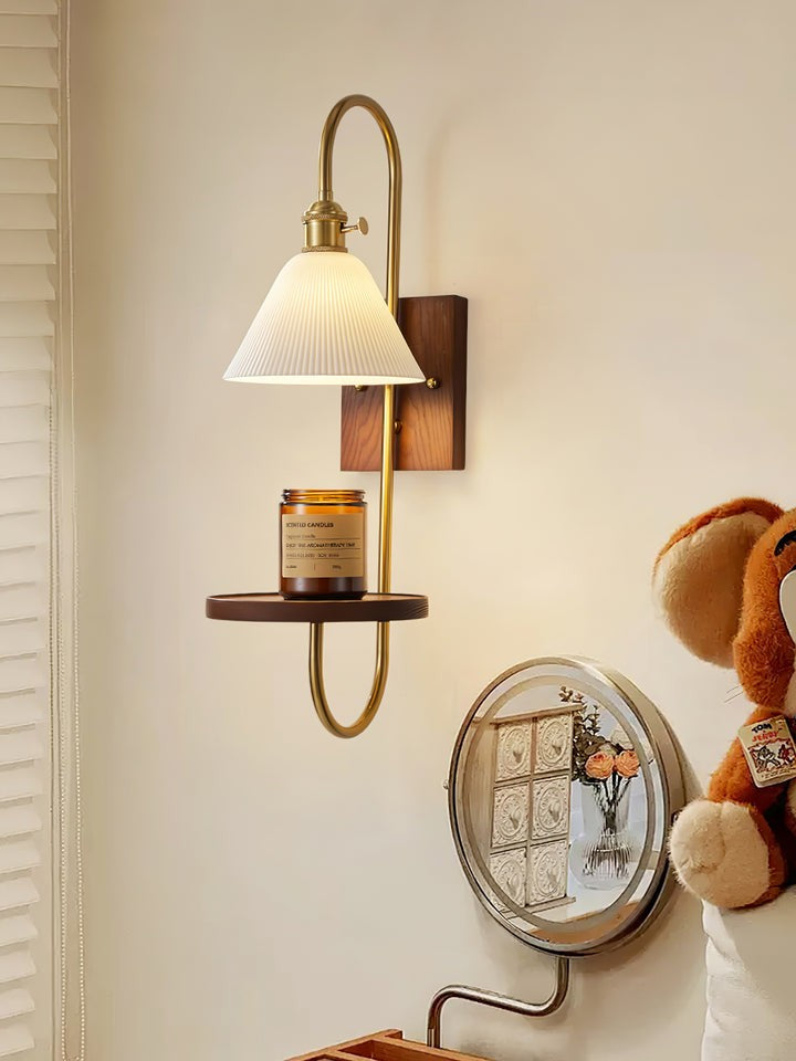 Walnut Floating Shelf Wall Sconce with LED Light