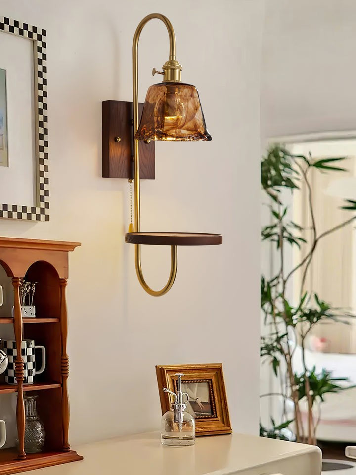Walnut Floating Shelf Wall Sconce with LED Light