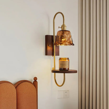 Walnut Floating Shelf Wall Sconce with LED Light