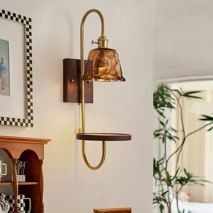 Walnut Floating Shelf Wall Sconce with LED Light