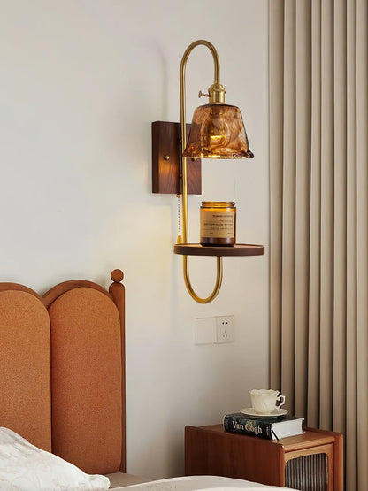 Walnut Floating Shelf Wall Sconce with LED Light