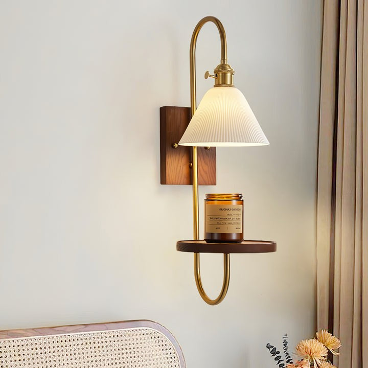 Walnut Floating Shelf Wall Sconce with LED Light