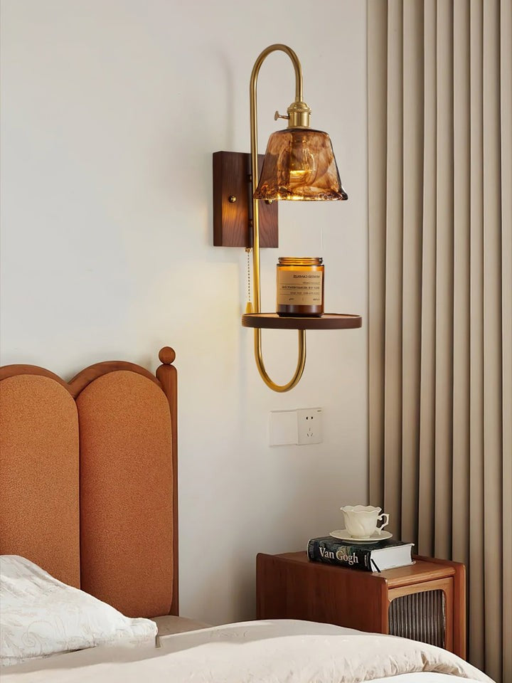 Walnut Floating Shelf Wall Sconce with LED Light