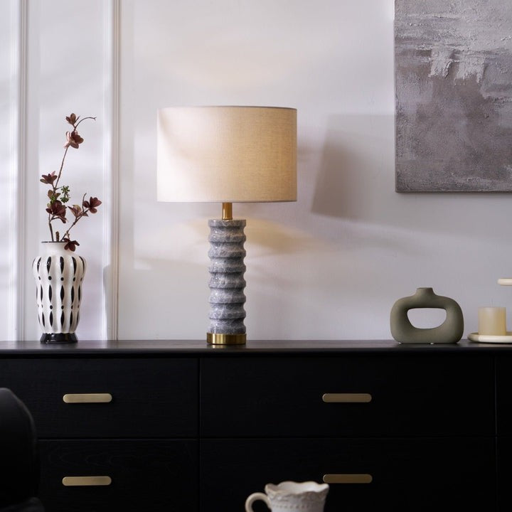 Wave-Textured Marble Table Lamp with Brass Accent