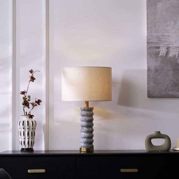 Wave-Textured Marble Table Lamp with Brass Accent