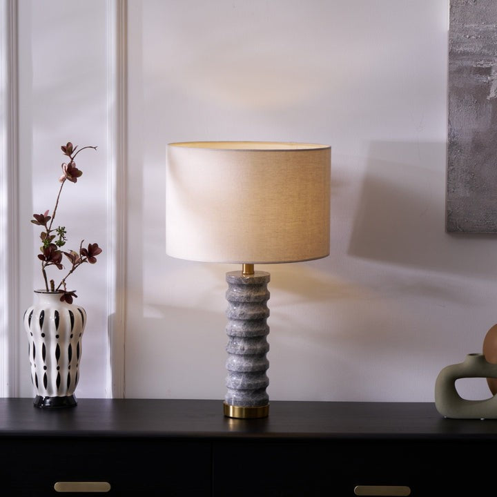 Wave-Textured Marble Table Lamp with Brass Accent