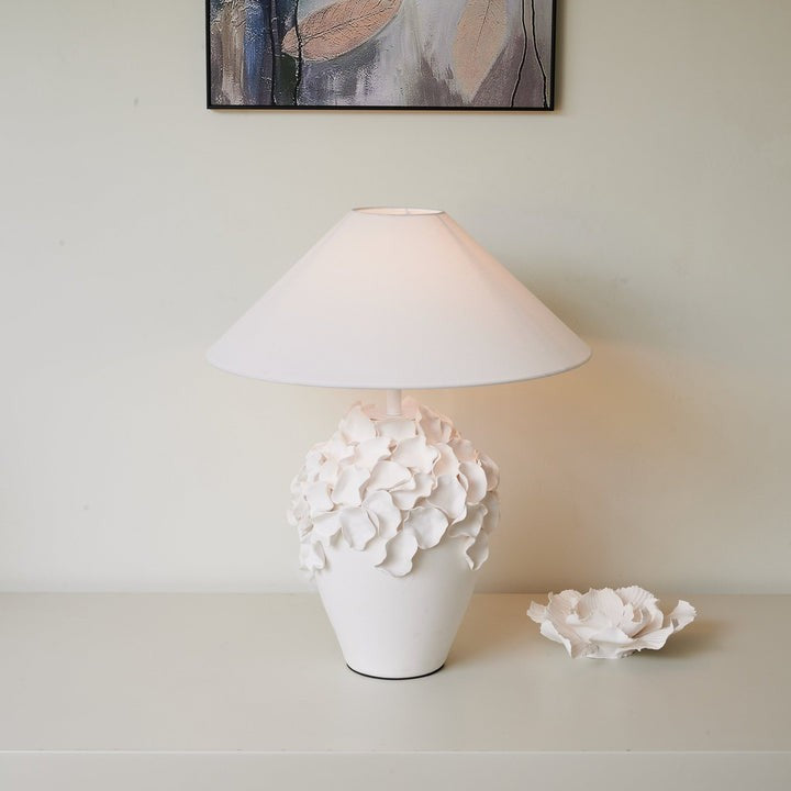White Ceramic Blossom Table Lamp with Fabric Shade