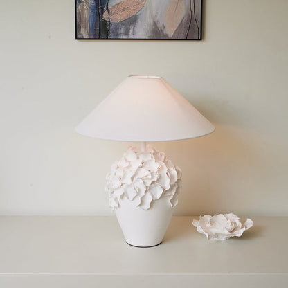 White Ceramic Blossom Table Lamp with Fabric Shade