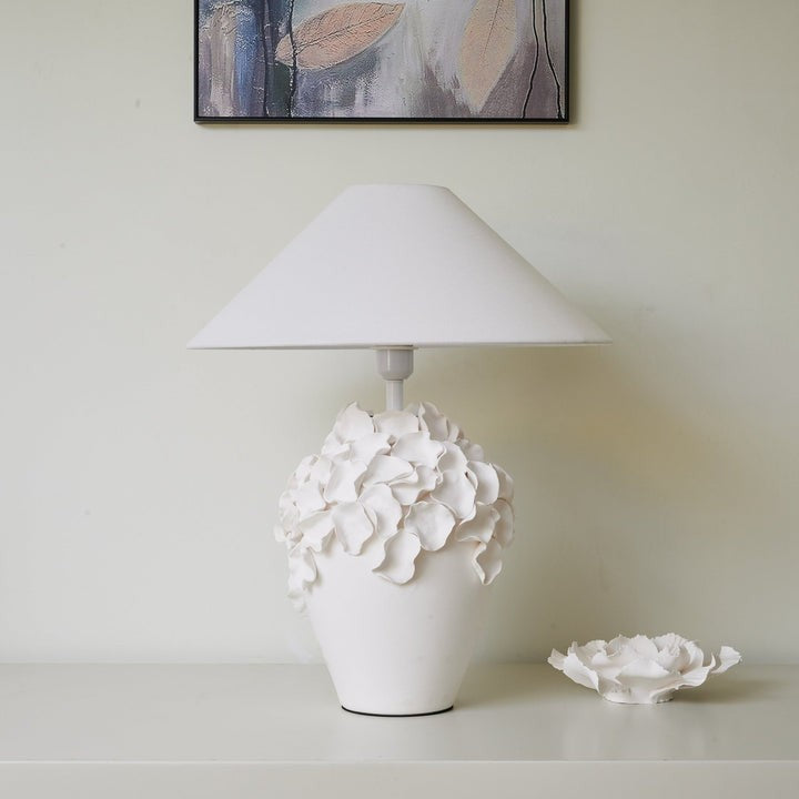White Ceramic Blossom Table Lamp with Fabric Shade