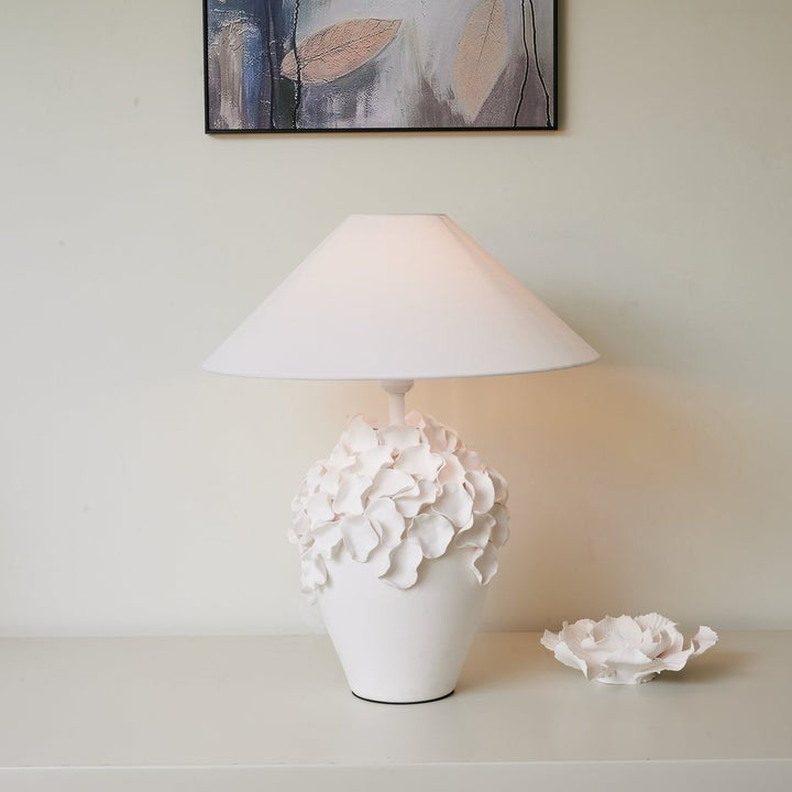 White Ceramic Blossom Table Lamp with Fabric Shade
