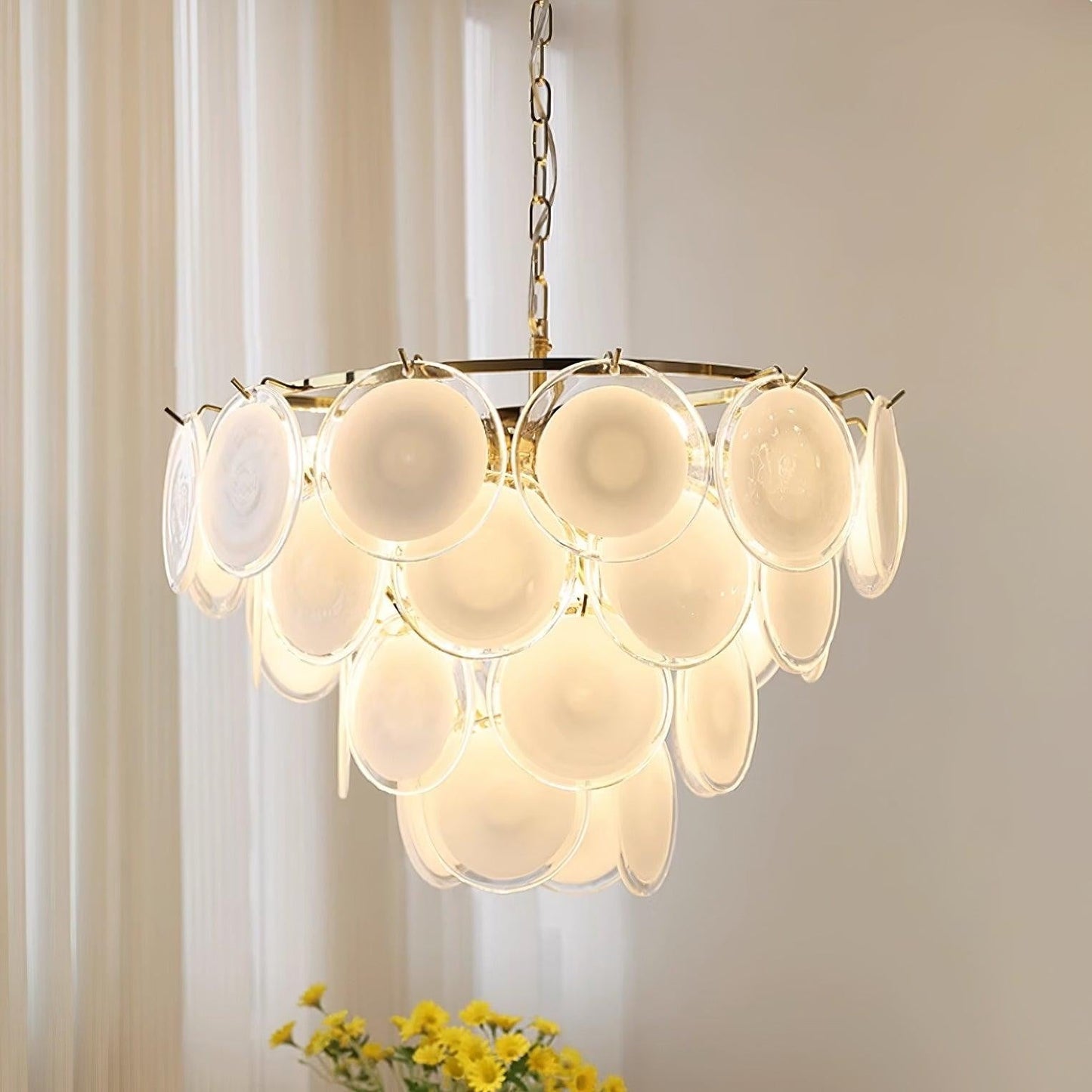 White Glass Disc Chandelier – Modern Pendant Light