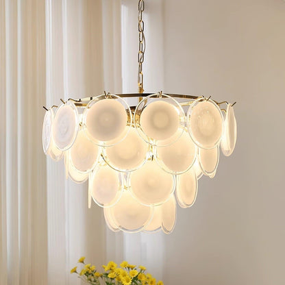 White Glass Disc Chandelier – Modern Pendant Light