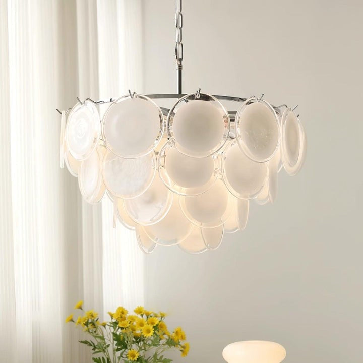 White Glass Disc Chandelier – Modern Pendant Light