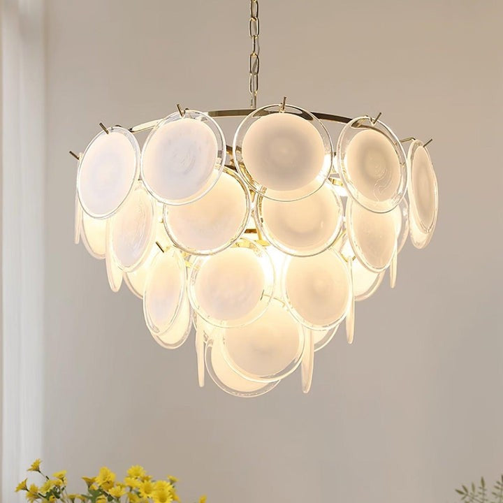 White Glass Disc Chandelier – Modern Pendant Light