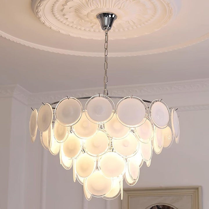 White Glass Disc Chandelier – Modern Pendant Light