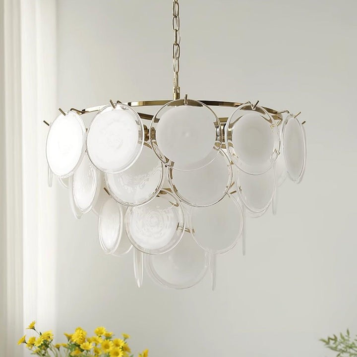 White Glass Disc Chandelier – Modern Pendant Light