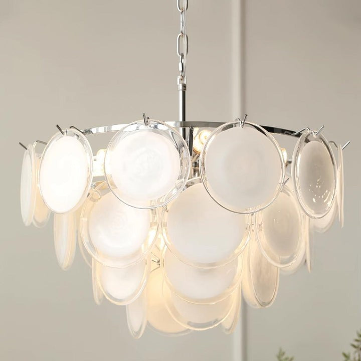 White Glass Disc Chandelier – Modern Pendant Light