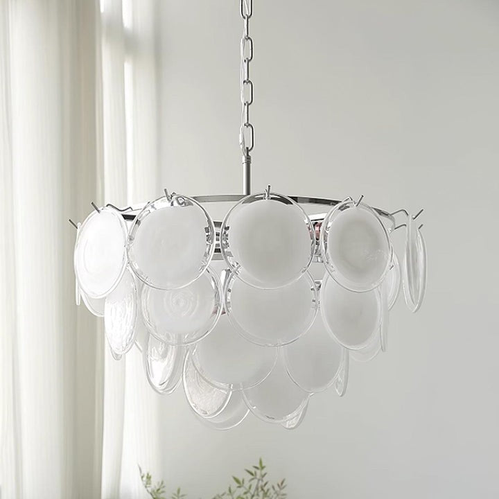 White Glass Disc Chandelier – Modern Pendant Light