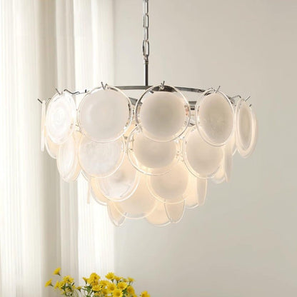 White Glass Disc Chandelier – Modern Pendant Light