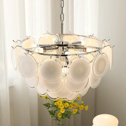 White Glass Disc Chandelier – Modern Pendant Light
