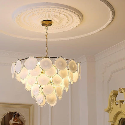 White Glass Disc Chandelier – Modern Pendant Light