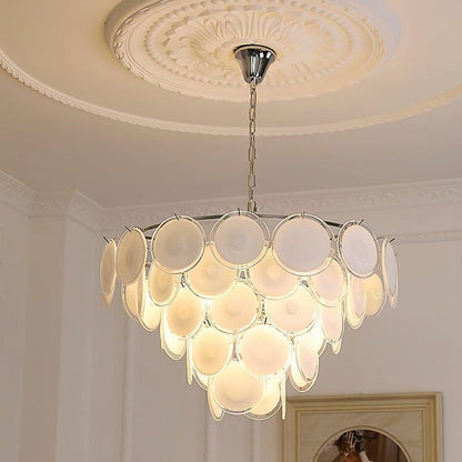 White Glass Disc Chandelier – Modern Pendant Light