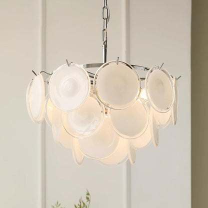 White Glass Disc Chandelier – Modern Pendant Light