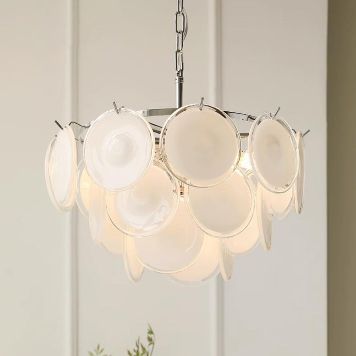 White Glass Disc Chandelier – Modern Pendant Light