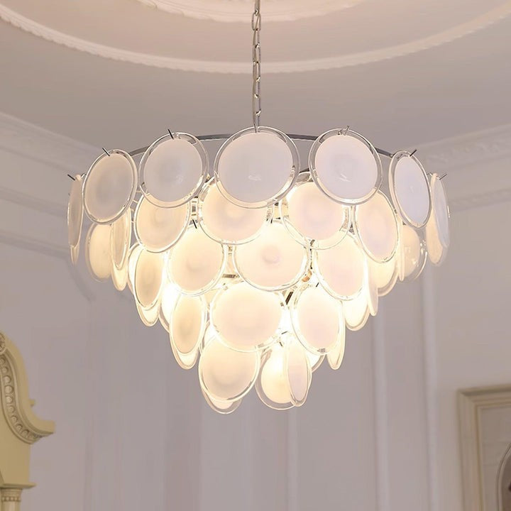White Glass Disc Chandelier – Modern Pendant Light