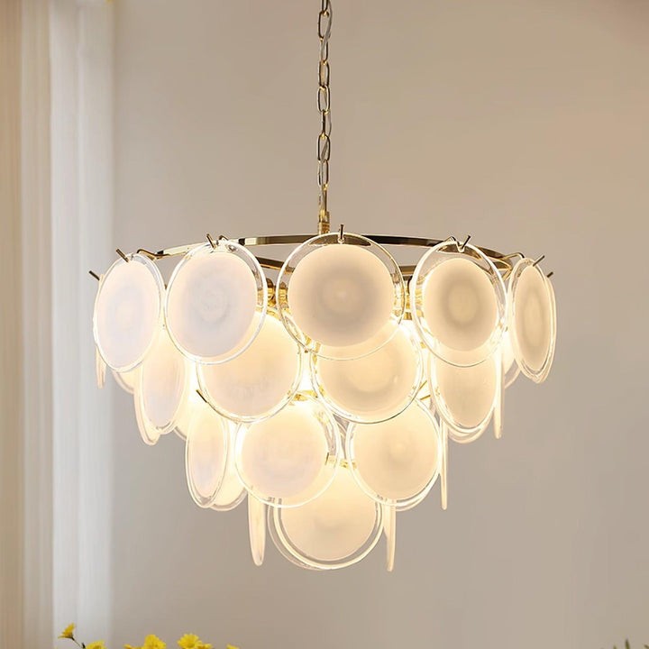 White Glass Disc Chandelier – Modern Pendant Light