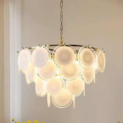 White Glass Disc Chandelier – Modern Pendant Light