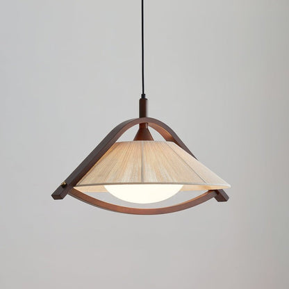 Wooden Arch Pendant Lamp with Fabric Shade and Opal Diffuser