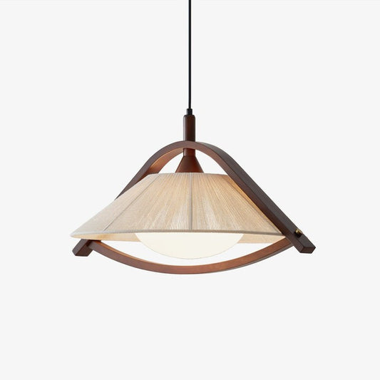 Wooden Arch Pendant Lamp with Fabric Shade and Opal Diffuser