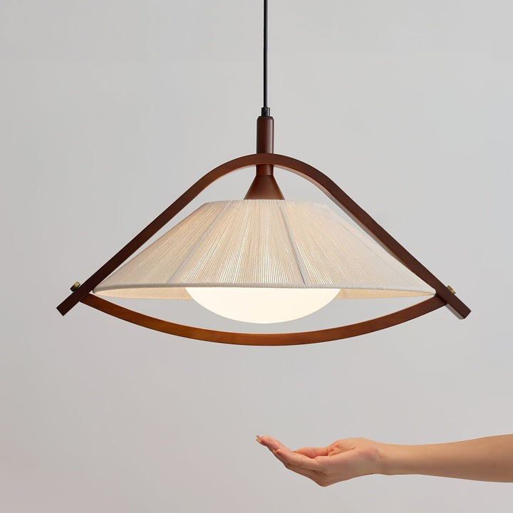 Wooden Arch Pendant Lamp with Fabric Shade and Opal Diffuser