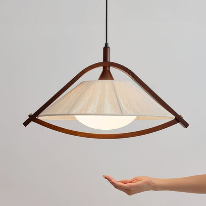 Wooden Arch Pendant Lamp with Fabric Shade and Opal Diffuser