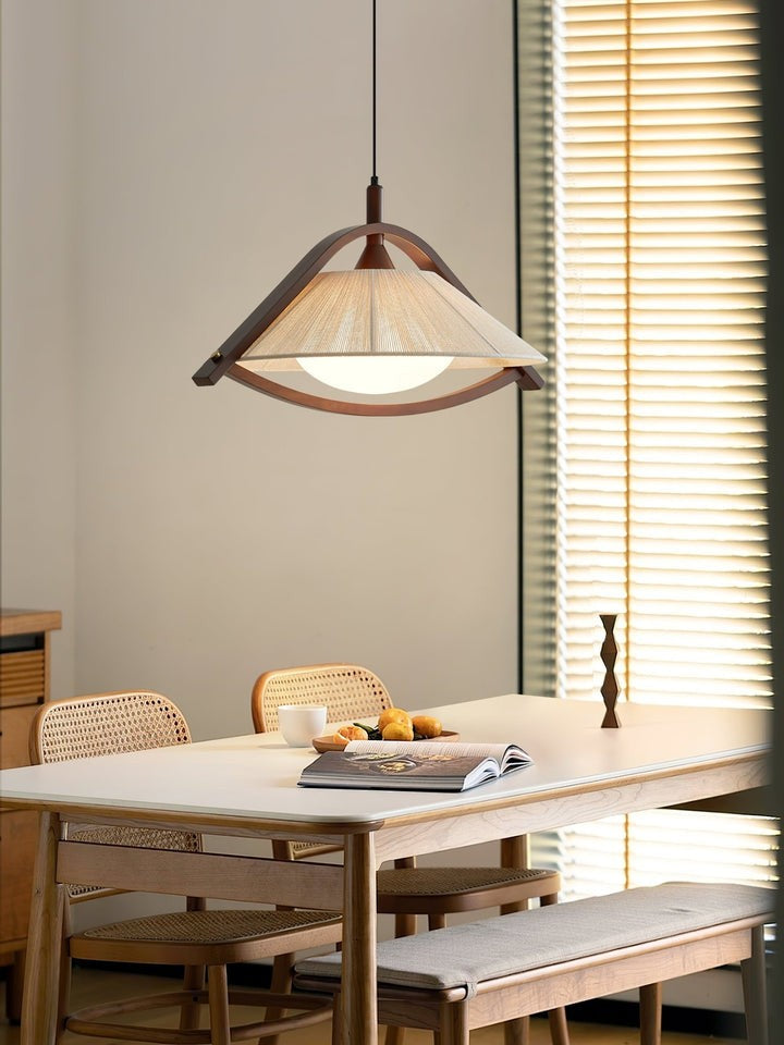 Wooden Arch Pendant Lamp with Fabric Shade and Opal Diffuser