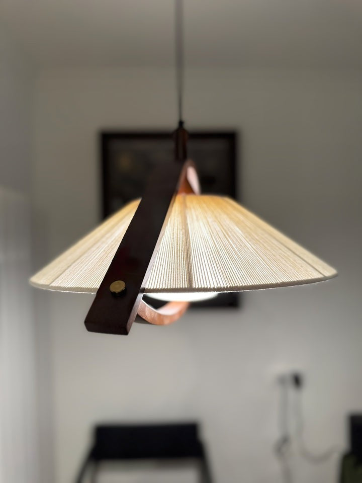 Wooden Arch Pendant Lamp with Fabric Shade and Opal Diffuser