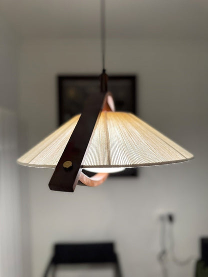 Wooden Arch Pendant Lamp with Fabric Shade and Opal Diffuser